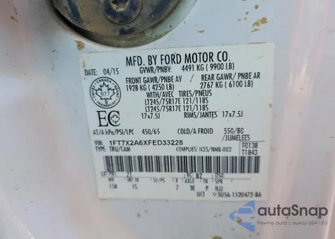 2015 Ford F250 Super Duty z USA, uszkodzony, nr VIN 1FT7X2A6XFED33228